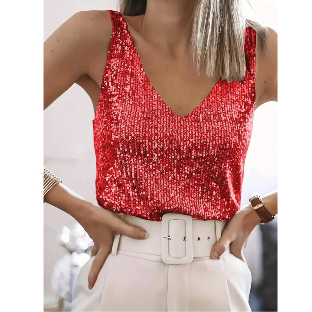 All Over Sequin Red V-Neck Cami Top